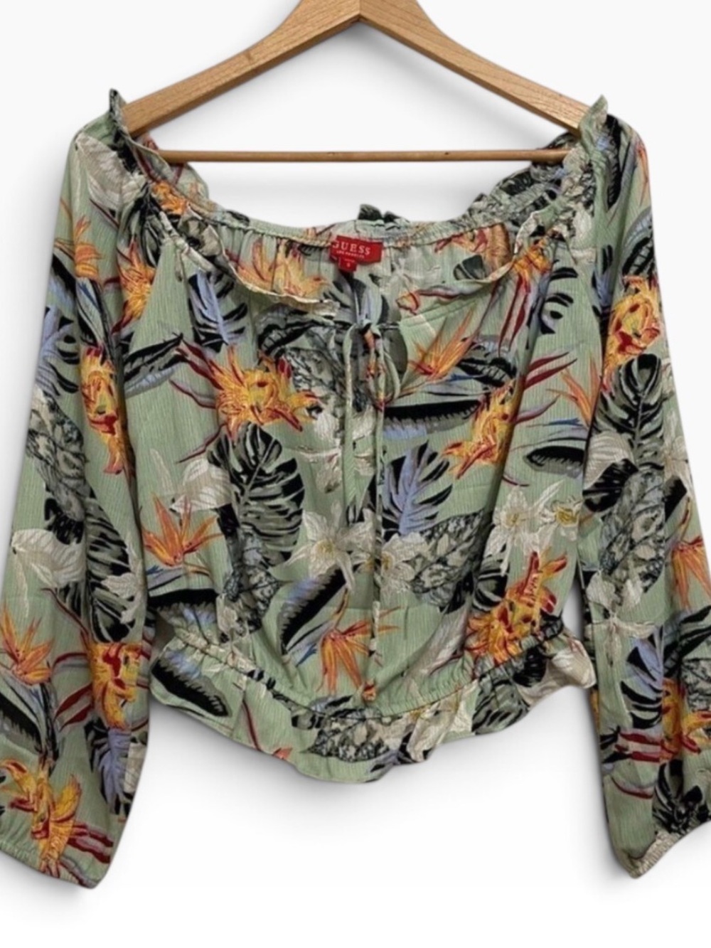 Guess tropical top green yellow orange crop oversized blouse smock small